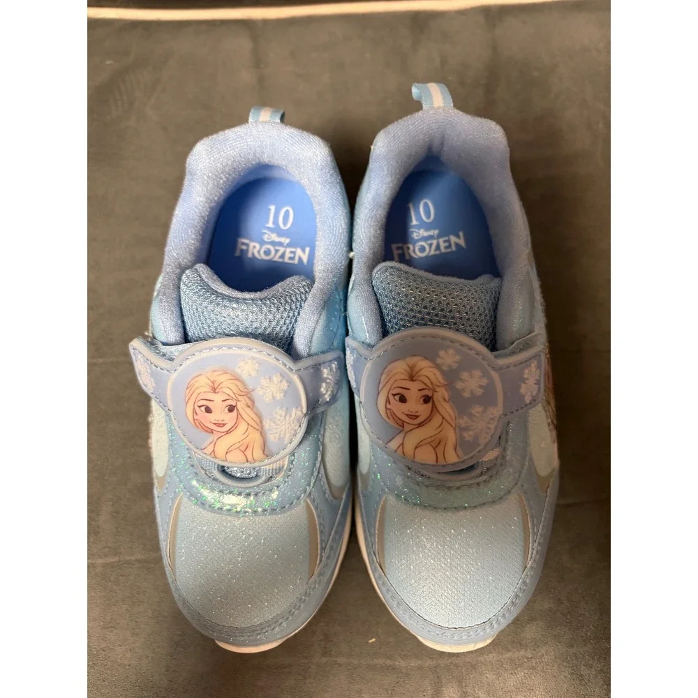 Disney Frozen Elsa Olaf Light Up Sneakers Girls Blue Glitter Shoes Size 10
